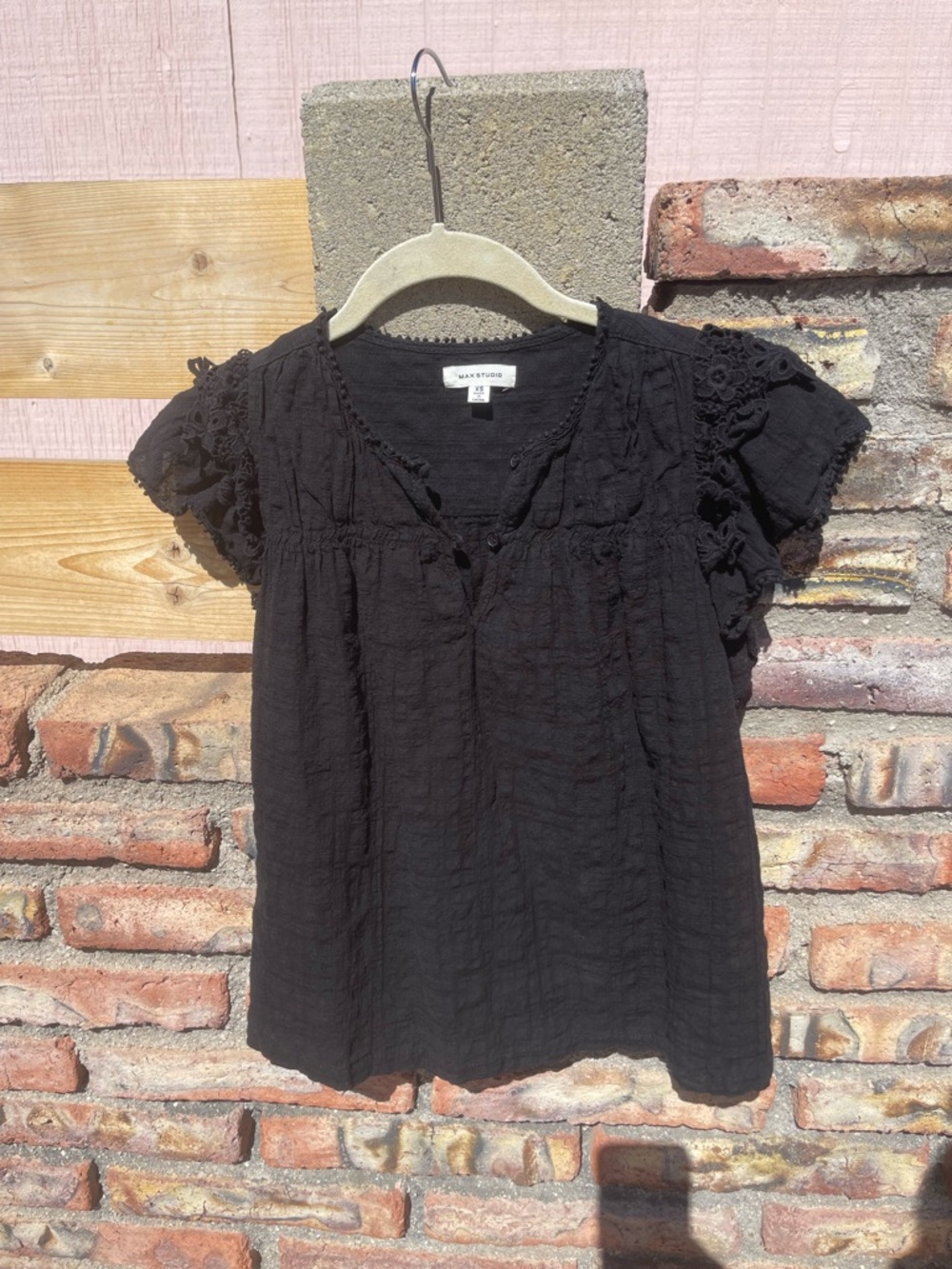 Max Studio Black Crochet-Trim Short Sleeve Blouse
